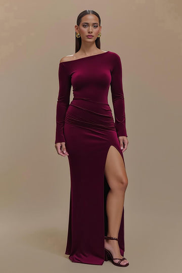 Sheath Velvet Burgundy Formal Dress with Slit